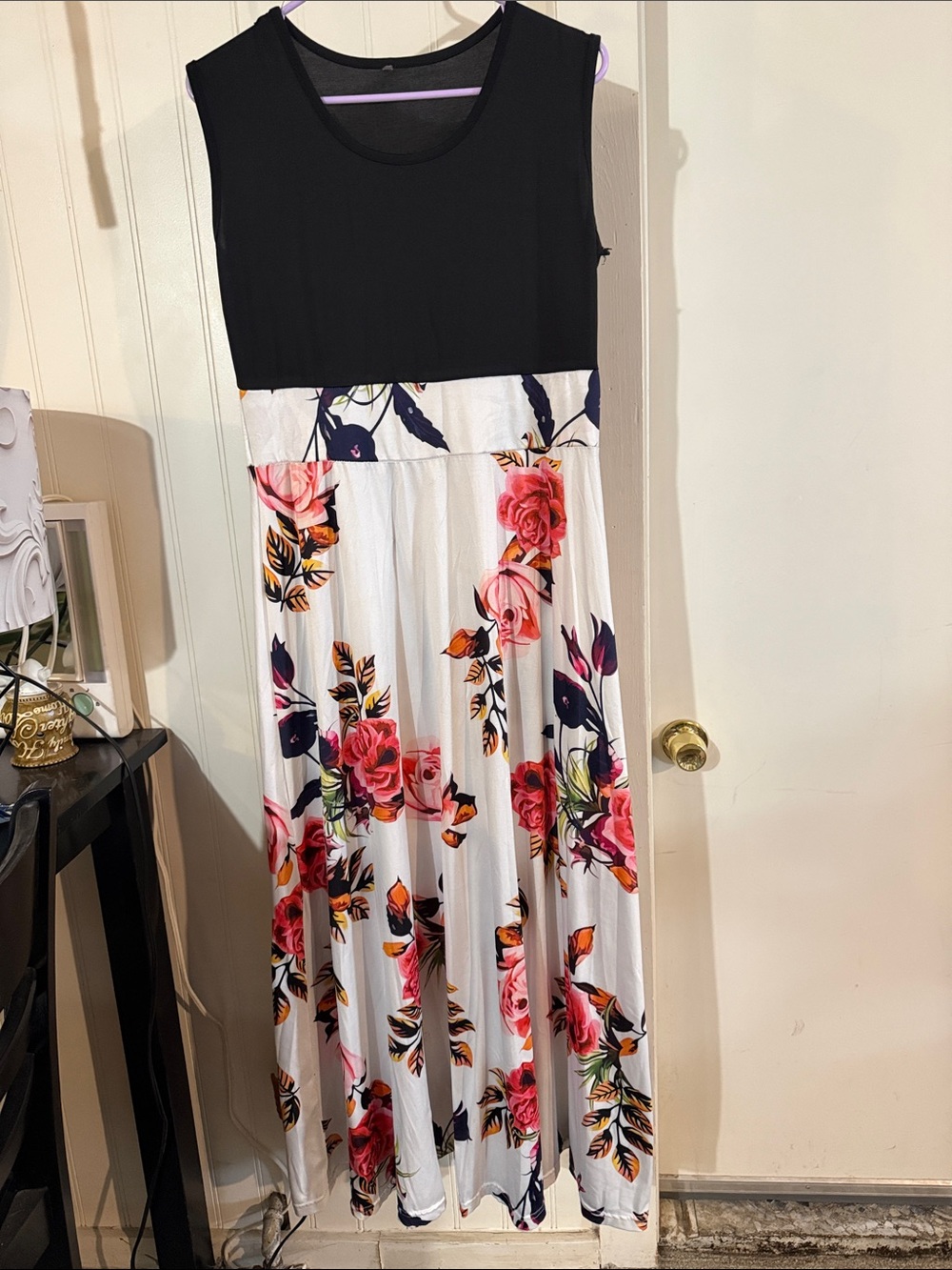 Very Long! Black & White Floral Maxi Dress with Pink Rose Print